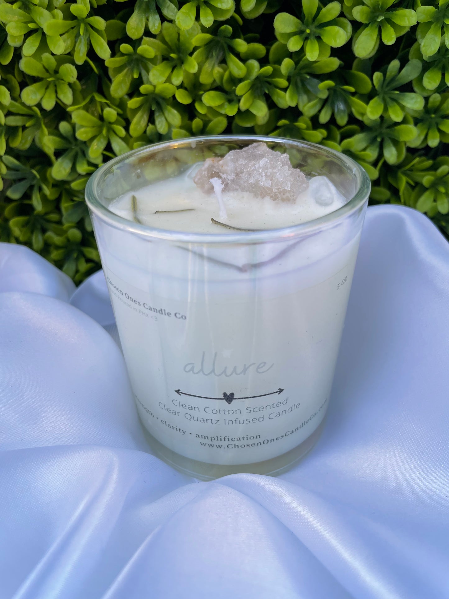 Clear Quartz Crystal inside a Clean Cotton scented candle